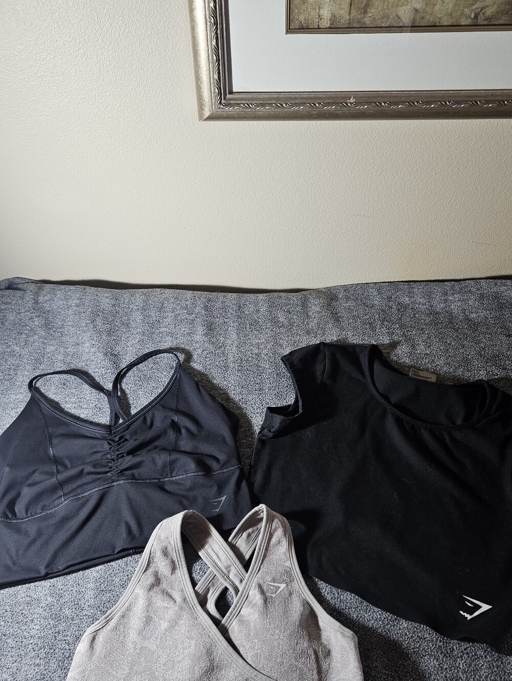 Gymshark Women's Black and Light Gray Seamless Sports Bras Trio.